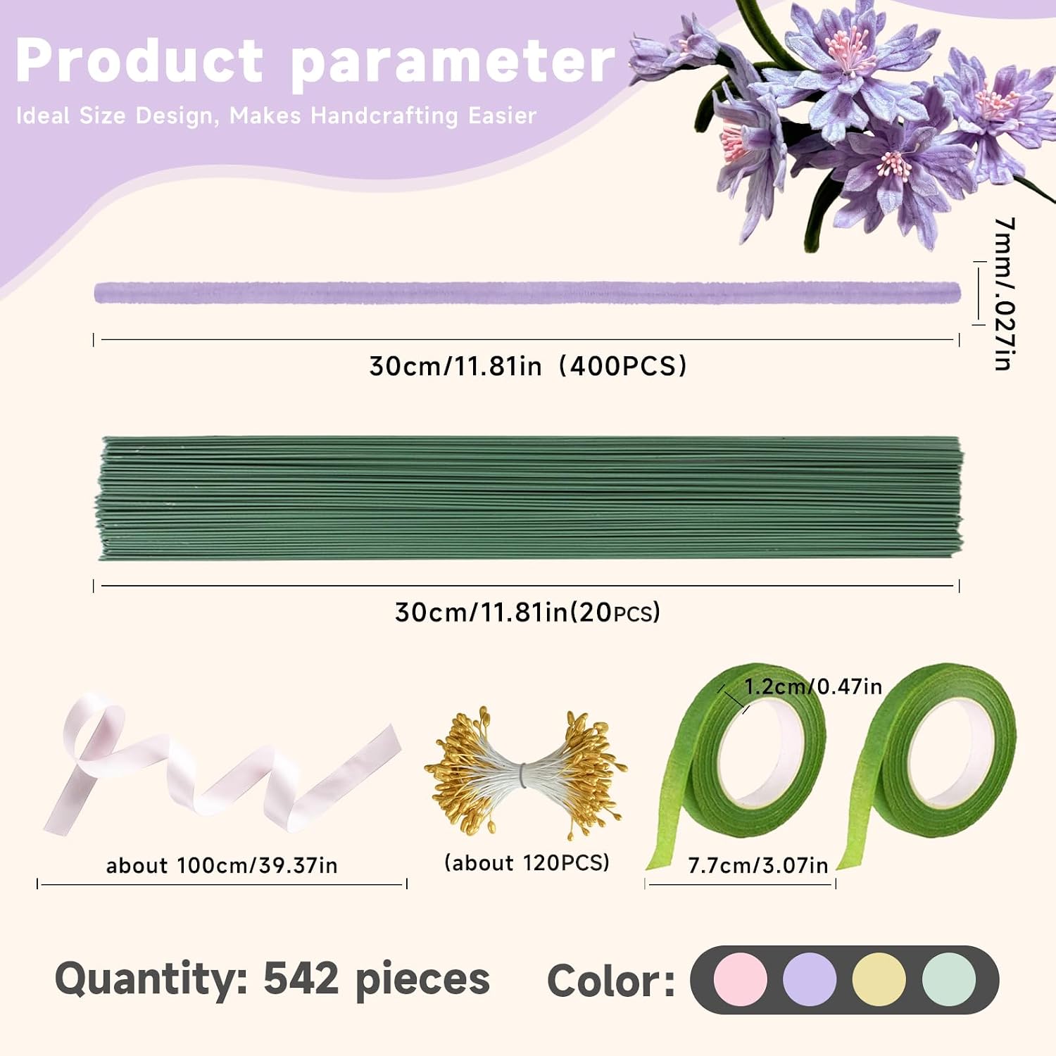 Pipe Cleaners Bulk Craft 542PCS Cordial Sanguine Pipe Cleaner Flower Kit 4 Colors 12inch Chenille Stems Green Pink Yellow Purple Limpia Pipas Fuzzy Wire for Arts Crafts and Creative DIY Decorations