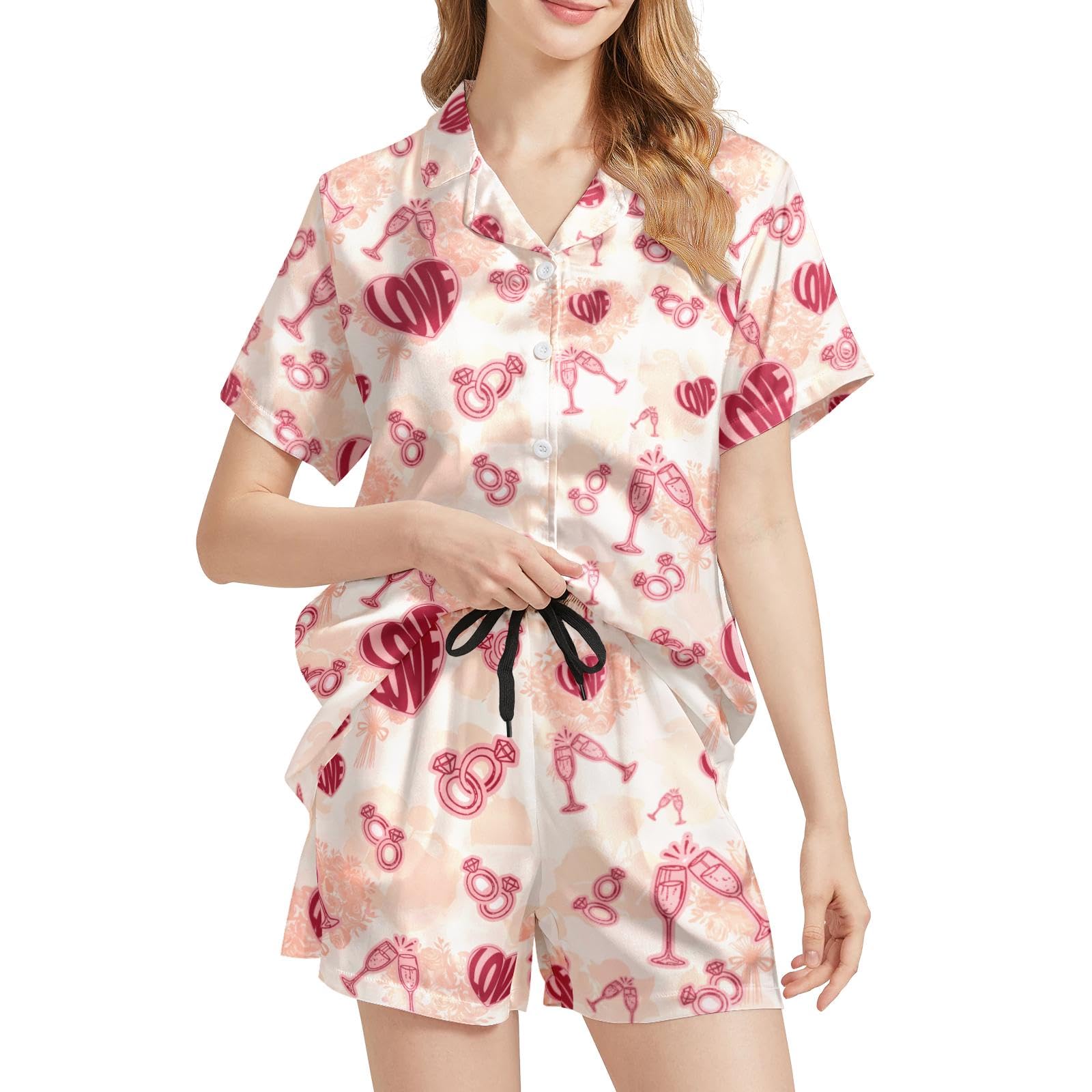 Funny Pajamas for Women Set Print Satin Loungewear Pjs Short Sleeve Button Down Top and Shorts Sets Sleepwear XS-3XL