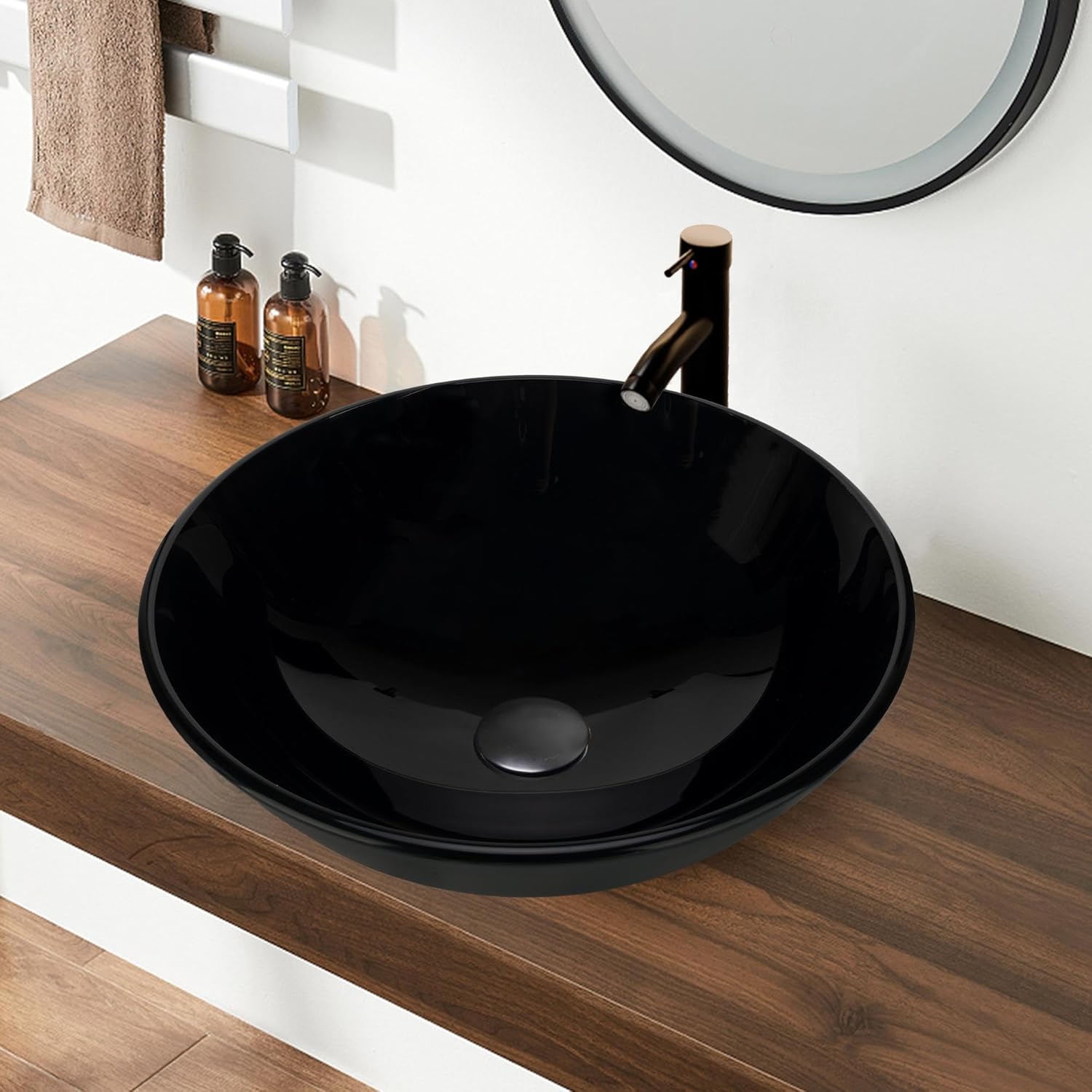 YIMAI Black Glass Vessel Sink 16.5" x 16.5" x 5.5" – Tempered Glass Above Counter Round Bathroom Sink Bowl Countertop Modern Sinks with Faucet and Drain Combo, Easy Install for Master or Powder Room