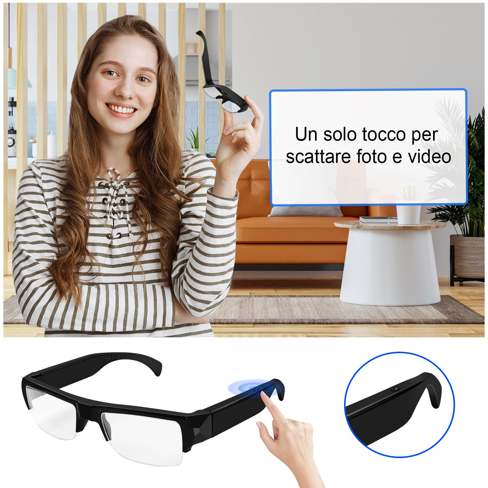Fotocamera Spia per Occhiali 1080P, Telecamera Nascosta Invisibile Portatile, Occhiali Sportivi con Telecamera Spia, Action Cam per il ciclismo, le lezioni e altre attività indoor e outdoor