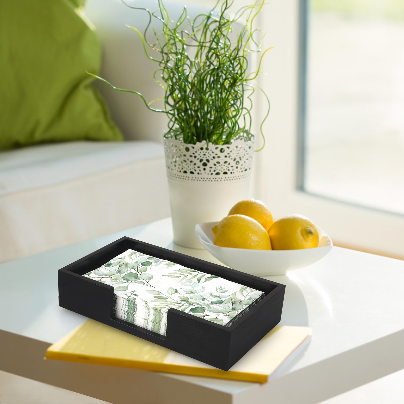 Renawe Servilletero de madera moderno negro y almacenamiento multiusos, mide 9.5 x 5.5 x 2 pulgadas, perfecto para mesa, encimera, baño, toallas de invitados y servilletas de cena