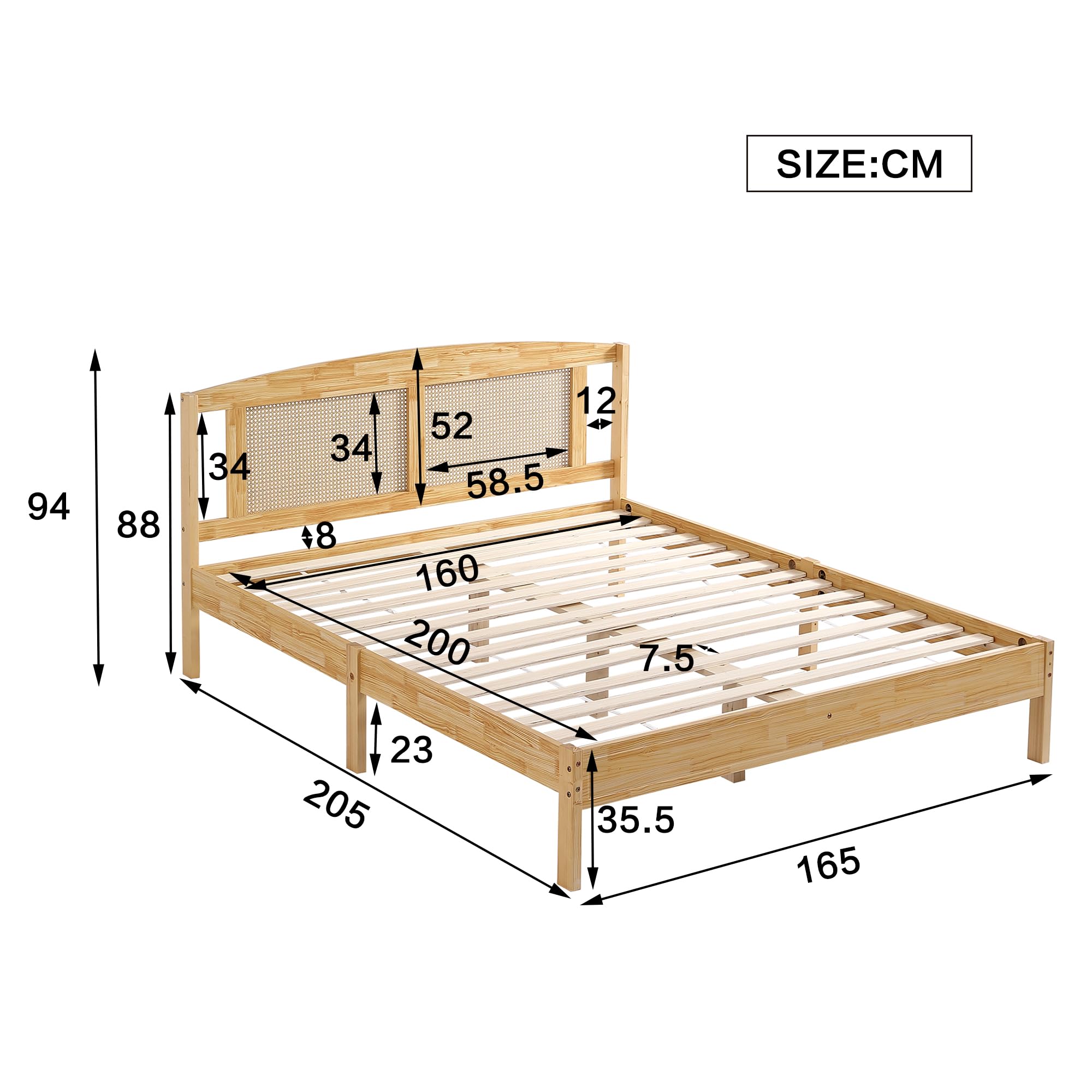 Soweiz Letto matrimoniale, in rattan, per adulti, 160 x 200 cm, con 15 doghe e piedi centrali, pino + rattan sintetico, colore: naturale
