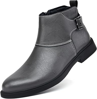 Mens Genuine Leather Pointed Toe Dress Chelsea Boots Adjustable Buckle Inner Zipper Ankle Boots Casual Formal Business Booties
