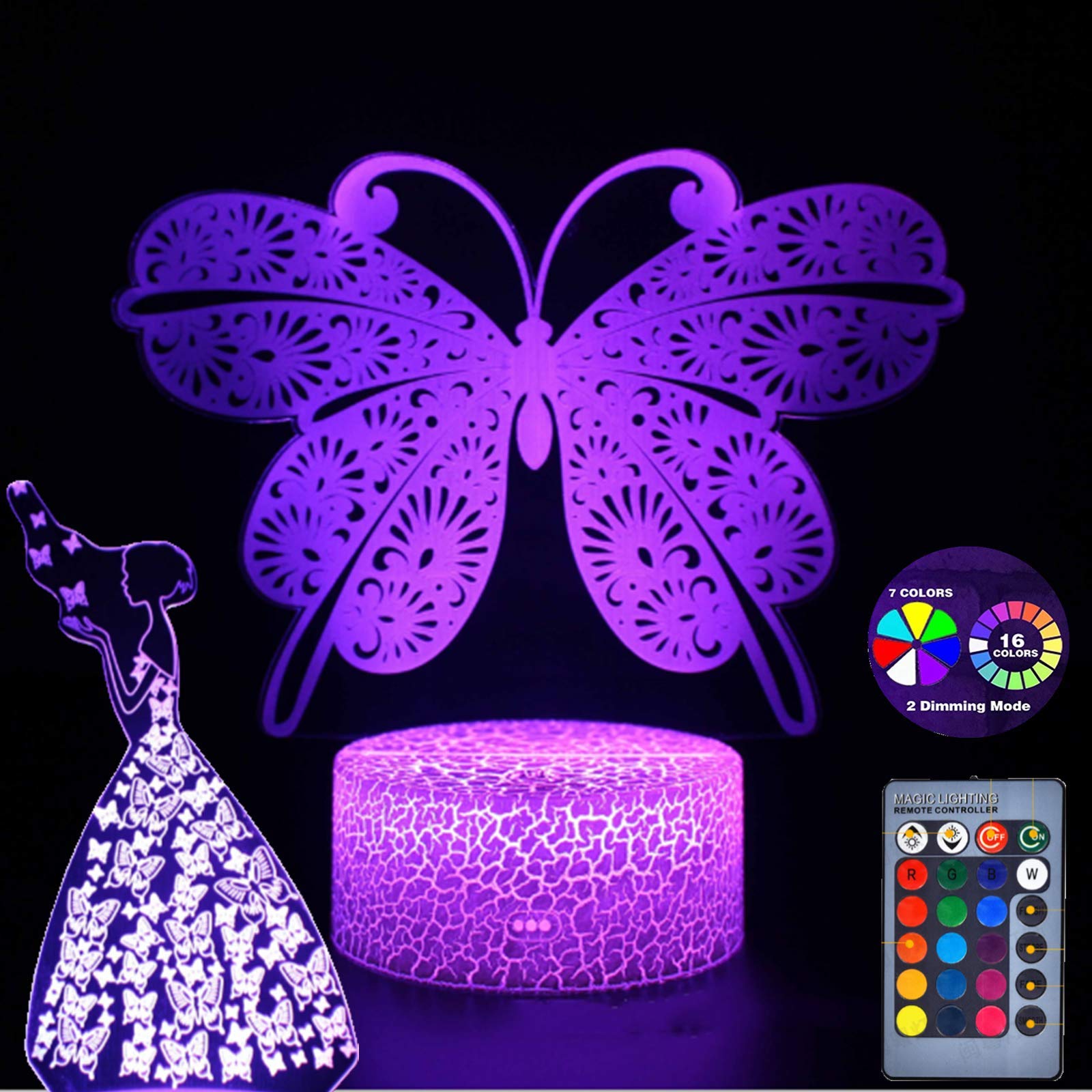 LED Butterfly Night Light and Princess Night Light,Kids 3D Night Light for Kids. 16 Colors Change, with Remote Control and Timing Functions. LED Interface and 3 AA Batteries Dual Purpose(2pcs).