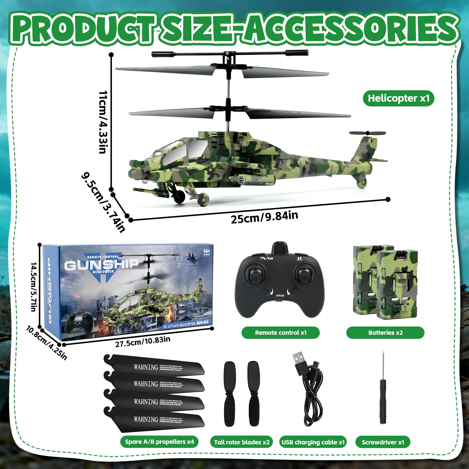 Ulikey Helicoptero Teledirigido, RC Helicóptero Militar Control Remoto 2.4 GHz, con Luz y 2 Baterías, Retención Altitud, Despegue con Una Sola Tecla, Juguete para Niños de 8 a 12 años (Verde)