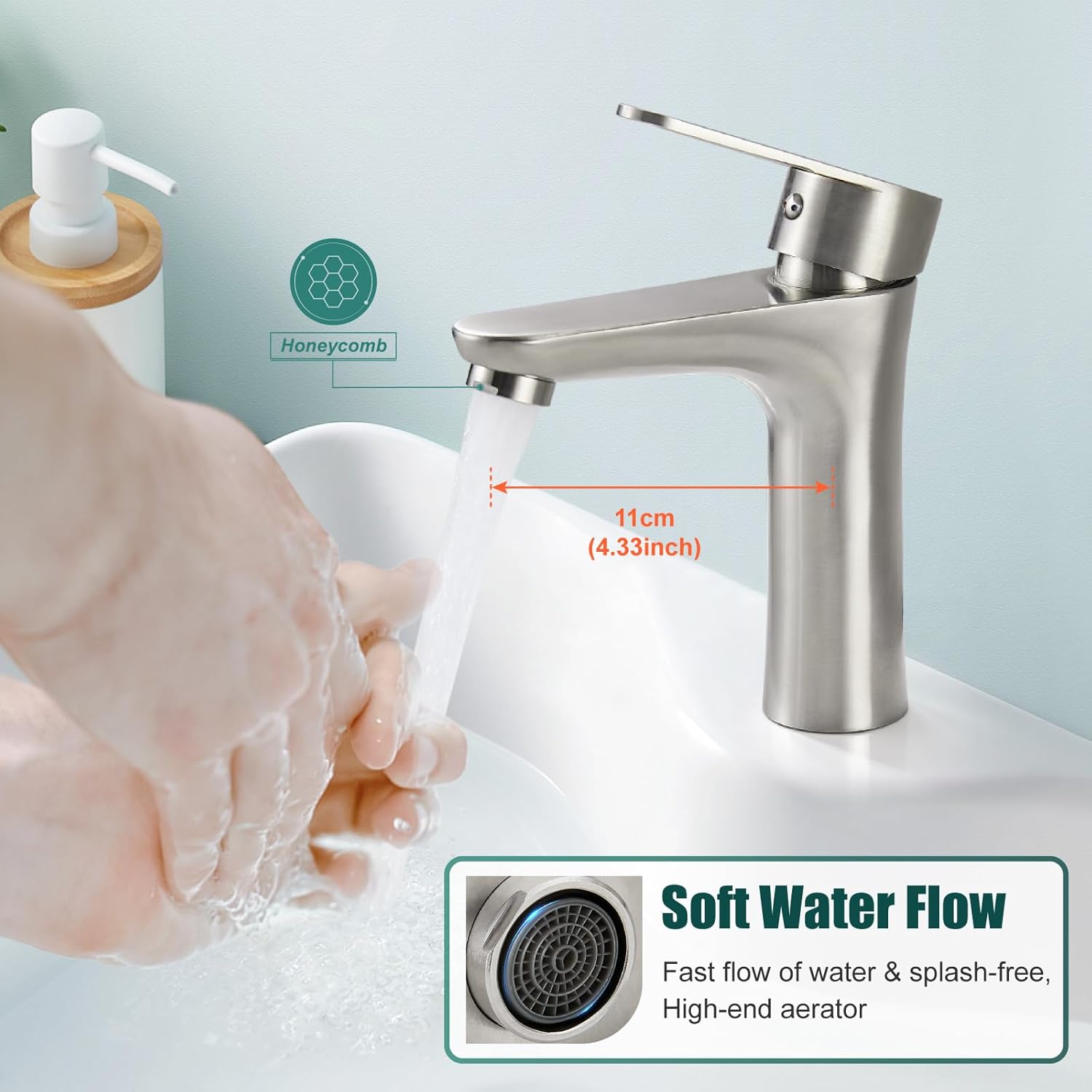 Heyalan Bathroom Faucet Single Handle 1 Hole SUS304 Stainless Steel Deck Mount Lavatory Single Switch Basin Sink Faucet with Pop Up Drain and Hot and Cold Water Mixer Brushed Nickle