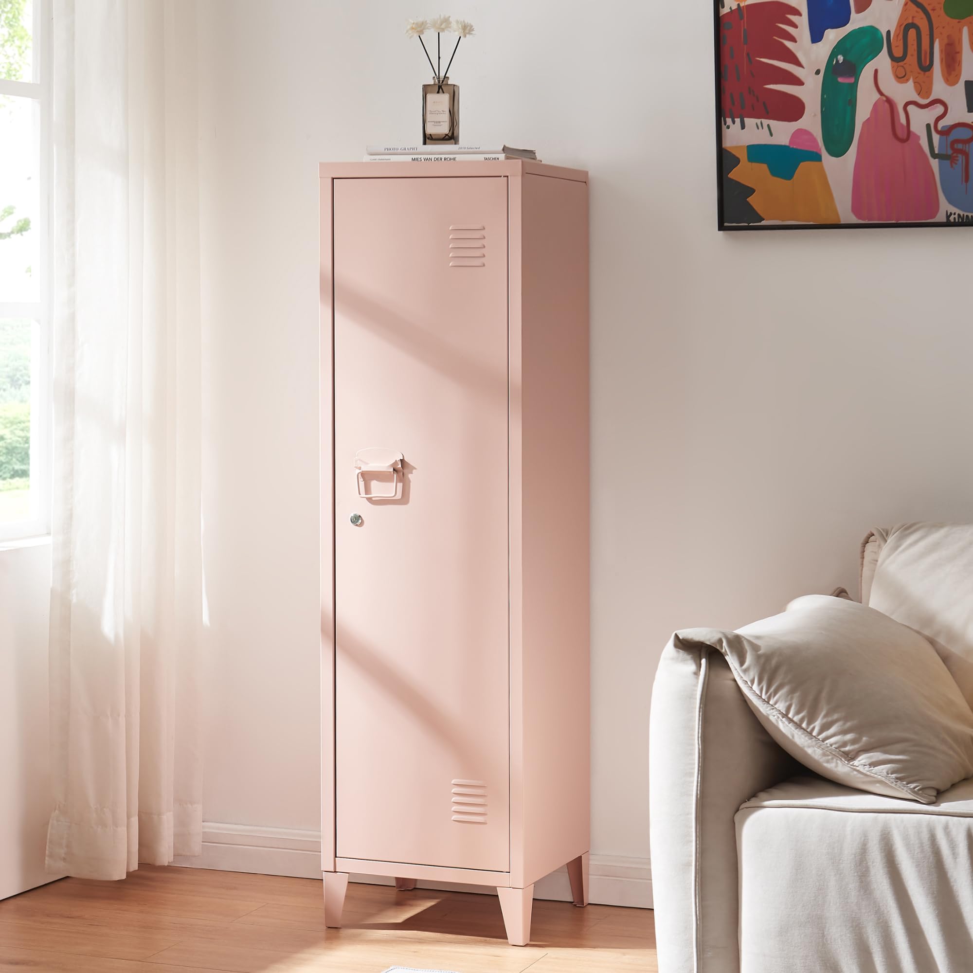 [en.casa] Armadio da Ufficio con Anta e Serratura Mobile in Acciaio per Archivio con 3 Scomparti Armadio da Spogliatoio 137 x 38 x 38 cm Beige Pesca
