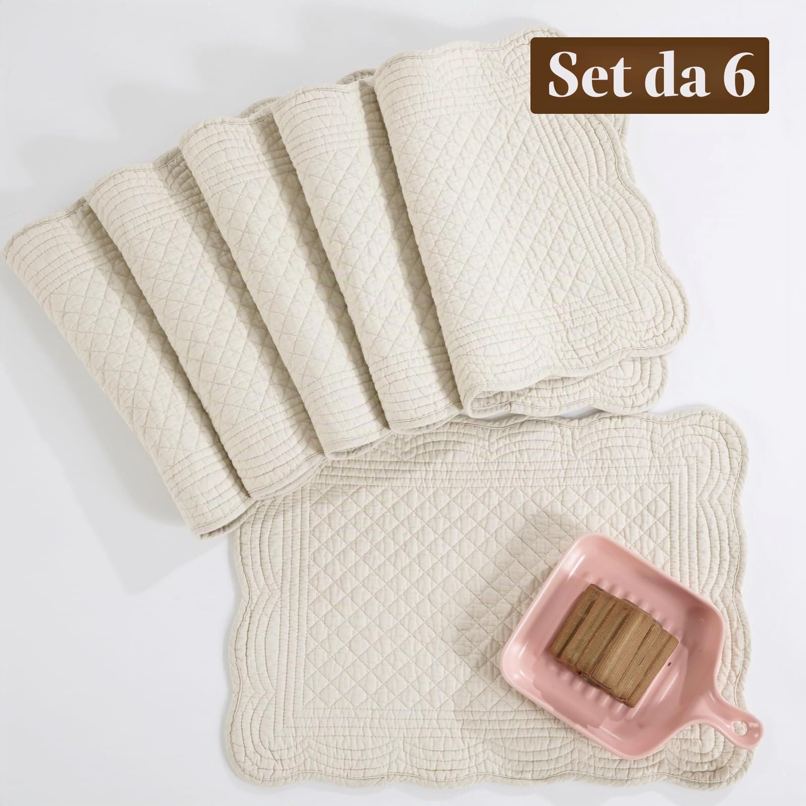 Tovagliette 6 Tovagliette Trapuntate,Set Cotone Reversibili Rettangolari Bordi Smerlati For Cucina,Cena,Feste,Vacanze,Lavabili Lavatrice,13"x18"(2)