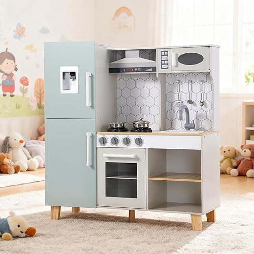 Juego de cocina de juguete de madera para niños con luces y sonidos simulados, juego de cocina de juego de simulación con fregadero, estufa,