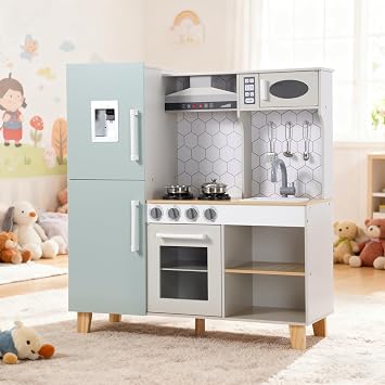Play Kitchen Toddlers, Wooden Toy Kitchen Playset for Kids with Simulated Lights & Sounds,Montessori Wood Kitchen with Sink, Stove, Microwave, Storage and 6PCS Stainless Steel Kitchenware