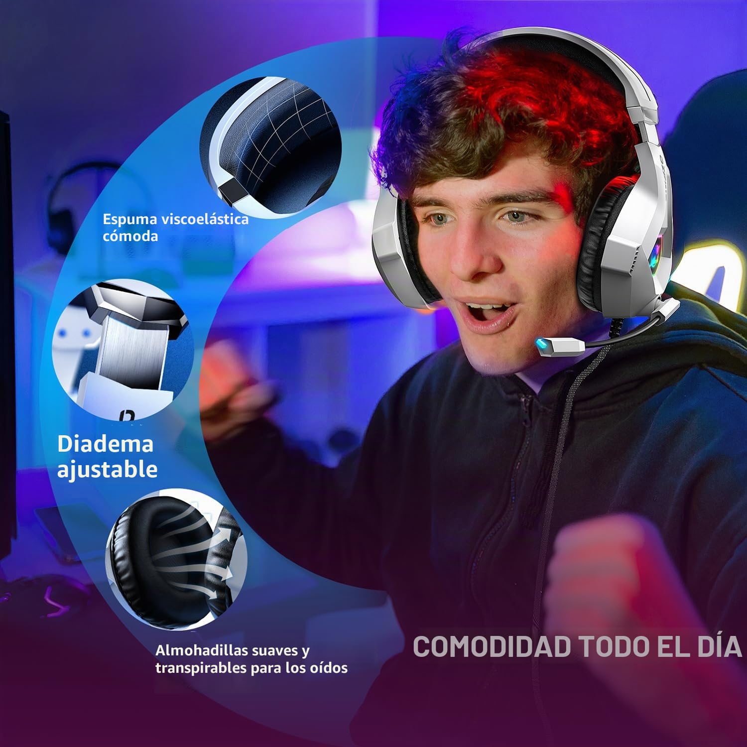 Ozeino Auriculares para juegos PS4 PS5 PC con sonido envolvente 3D con micrófono, auriculares cancelación de ruido, luces RGB para gamers