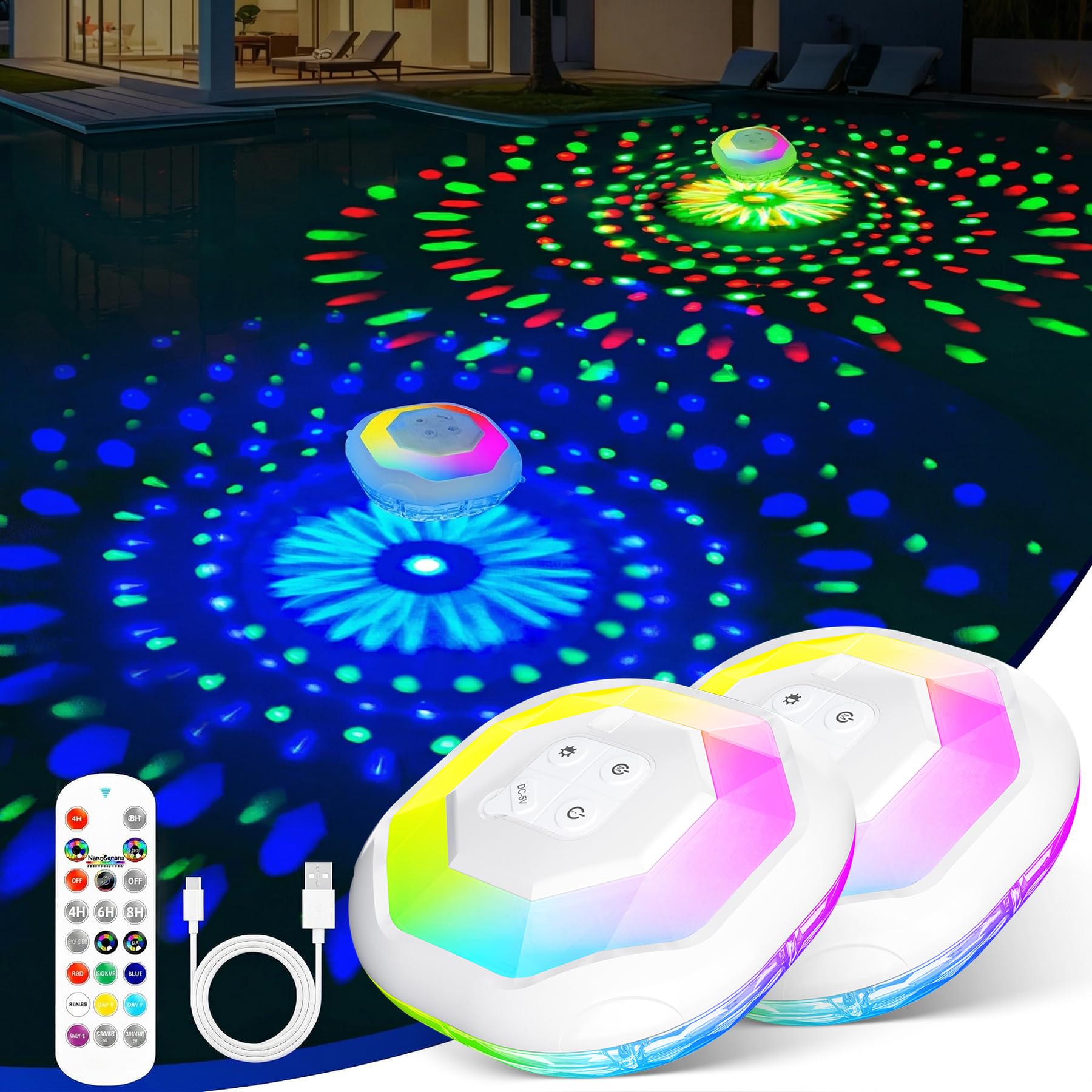DeeprBetter Luces Piscina Flotantes con Control Remoto, Espectáculo de Luz | Recargable Luces para Piscina Bajo el Agua, IP68 Impermeable Luz Flotante Piscinas, Iluminación Piscinas - 2PCS