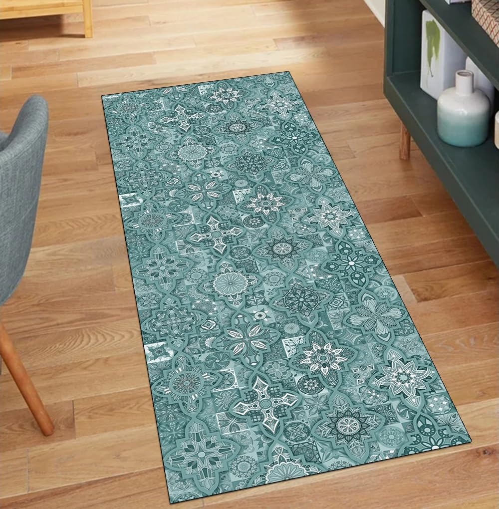 Tapis de couloir bohème cyan 110 x 850 cm lavable en machine pour grand couloir et cuisine