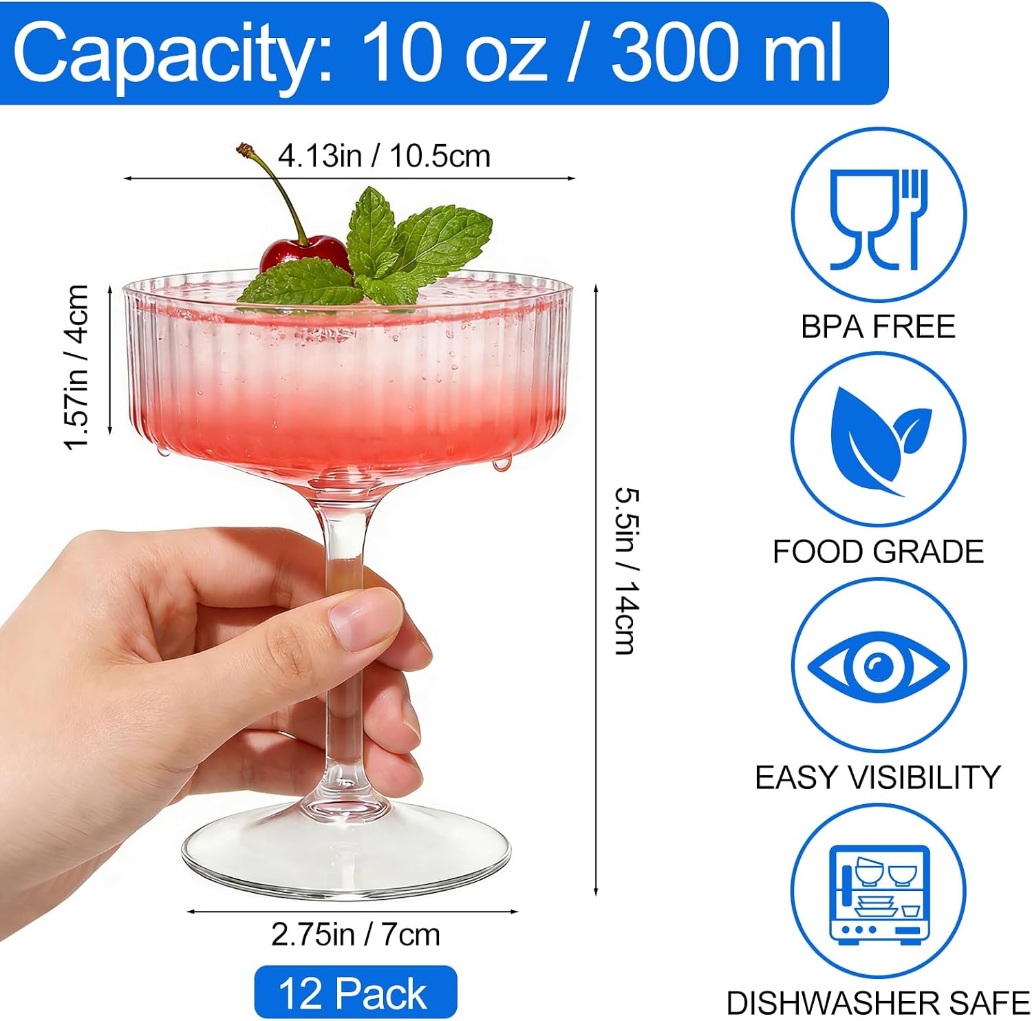 Cheardia 12 Pack Ribbed Martini Glasses, Unbreakable Plastic Cocktail Glasses, 10 oz Champagne Coupe Glasses, Art Deco Stem Cocktail Glassware Set for Wine Margarita Bar Wedding Party Birthday