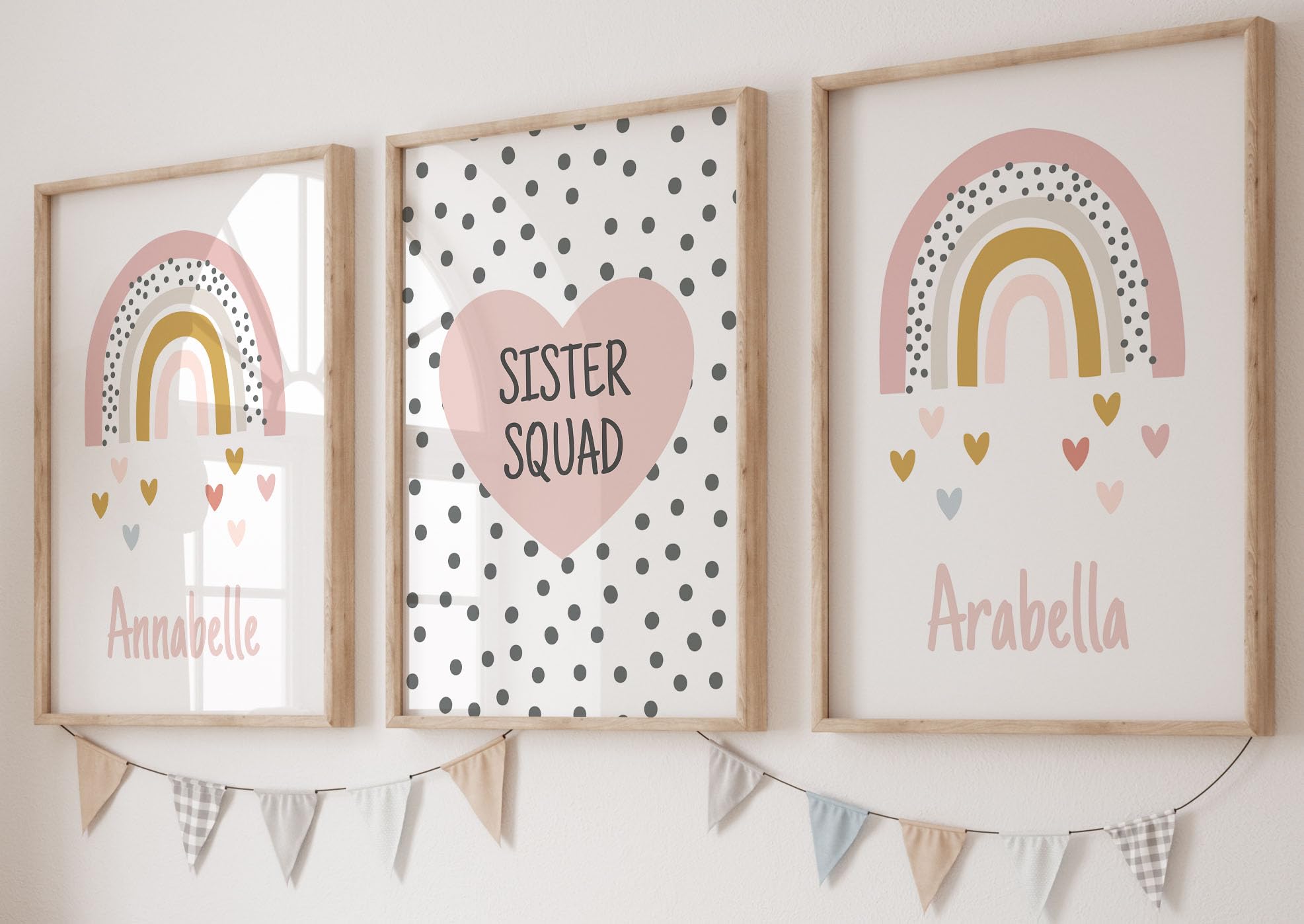 Personalised Sister Rainbow Set of 3 Unframed Poster Prints For Girls Nursery Bedroom Playroom, Girls Rainbow Bedroom Prints, Sisters And Best Friends Gift Idea, Peach Pink Purple (A4)