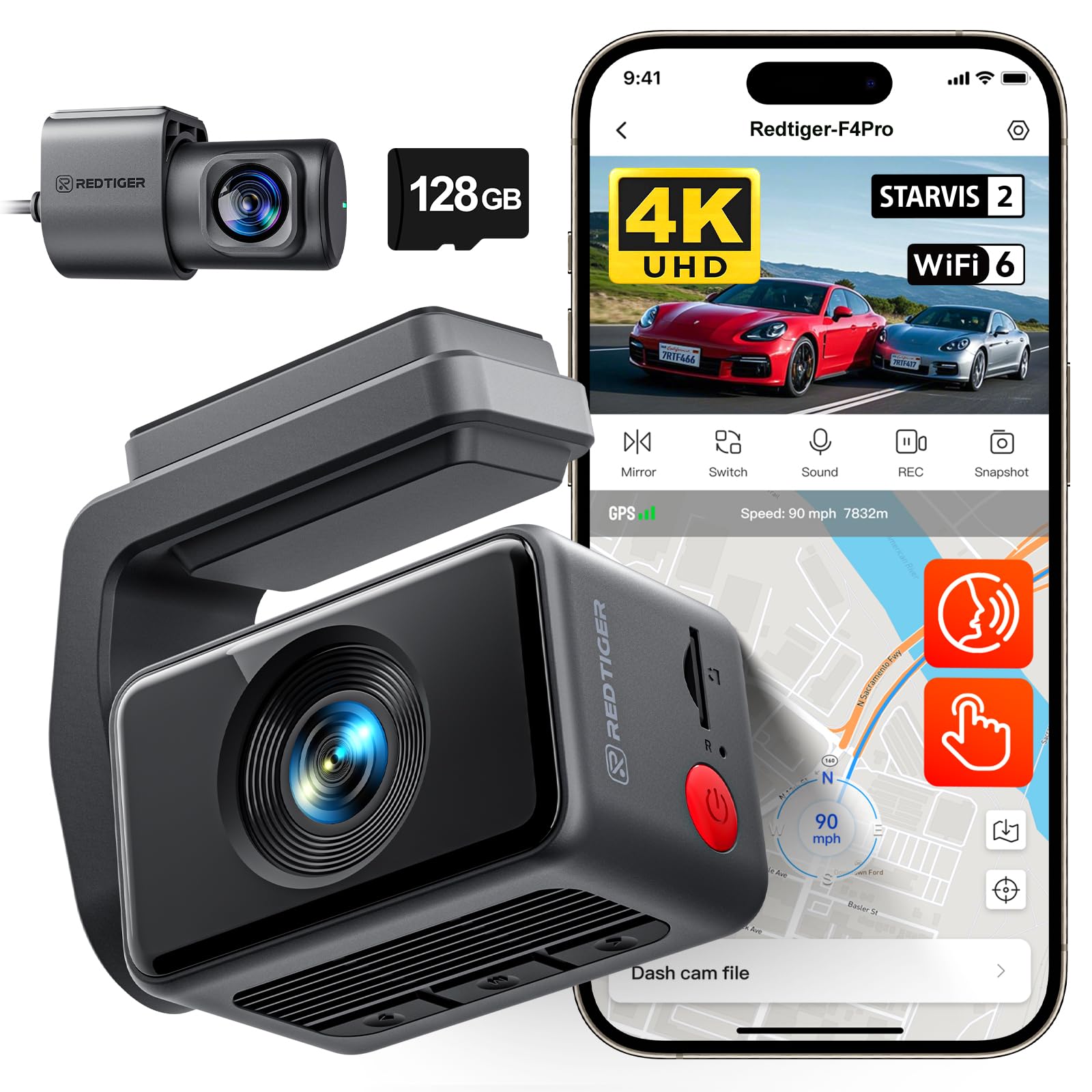 REDTIGER F4 Pro 4K Mini Dash Cam Front and Rear, STARVIS 2 Night Vision, 128GB Card Included, 5.8GHz WiFi 6 Instant Export, 2.2" Touch Screen Dash Camera for Cars, Voice Control, 24H Parking