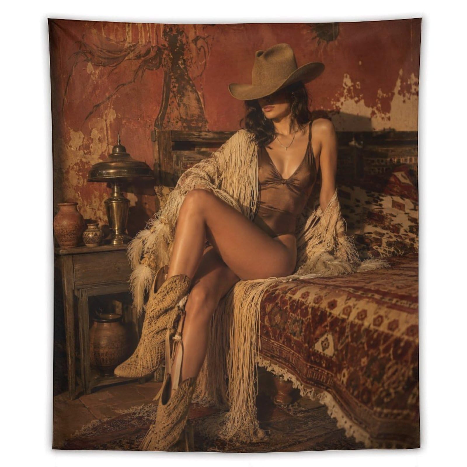 H3B8U2Y5 Western Cowgirl Portrait Wall Tapestry, Cactus Desert Mood
