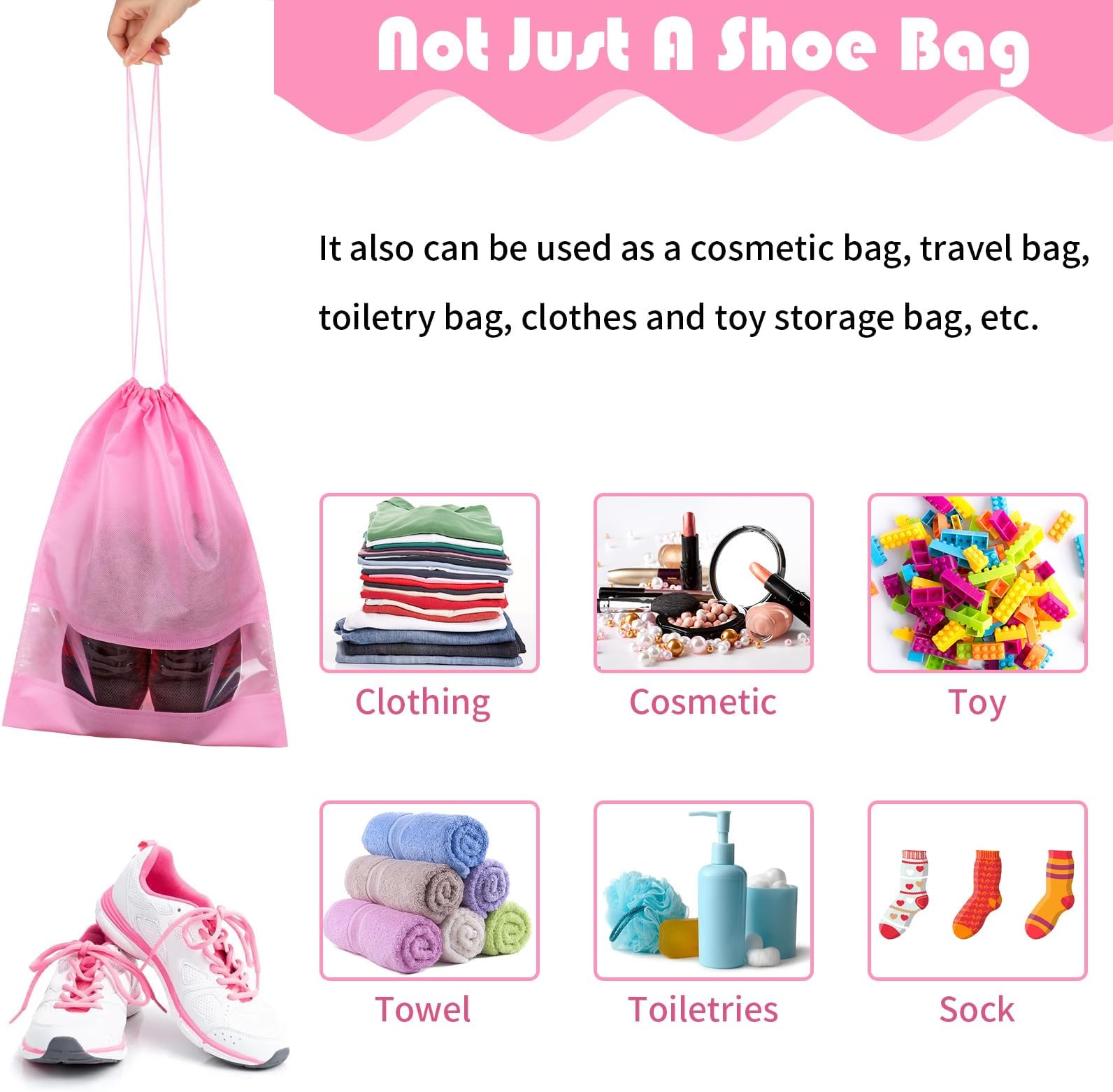 Shoe Bags for Travel, Drawstring Travel Shoe Bags for Packing, Dustproof Portable Travel Shoe Storage Bag for Men and Women, Pink, XL, 10 Pack