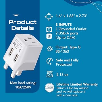 Ceptics US to UK Plug Adapter, Dual USB Adapter for UAE, Ireland, Hong Kong | UK Plug Adapter for Travel, UK Adapters for Travel from USA & Canada, Grounded Charger Adapter for Phones & Electronics