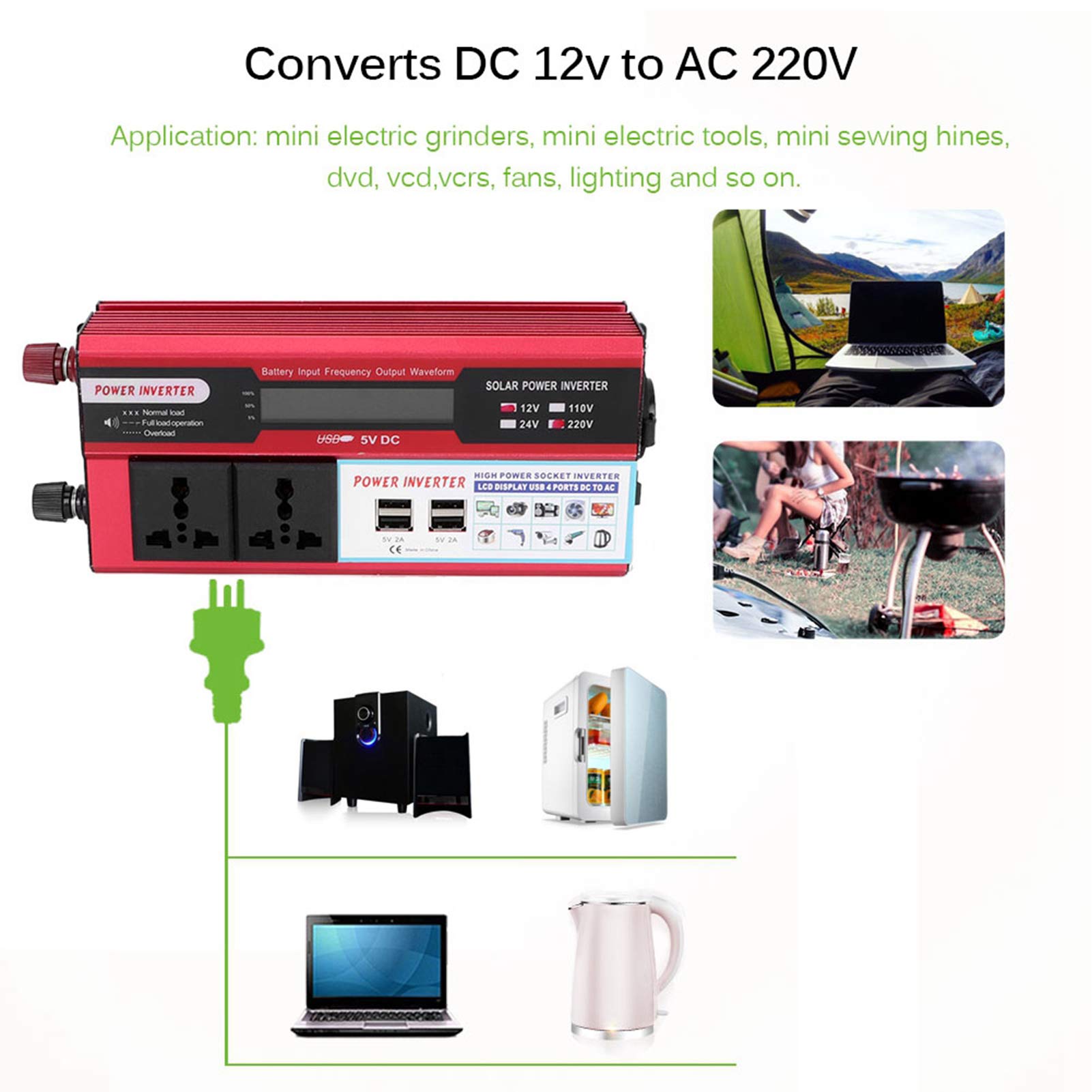 CHICIRIS Samochodowa Przetwornica Napięcia Falownik 750 W, Fala Sinusoidalna Modyfikowana Stopem Aluminium z Wyświetlaczem Cyfrowym 4 ładowarki USB, DC 12 V do 220 V 240 do Podróży Samochodem W