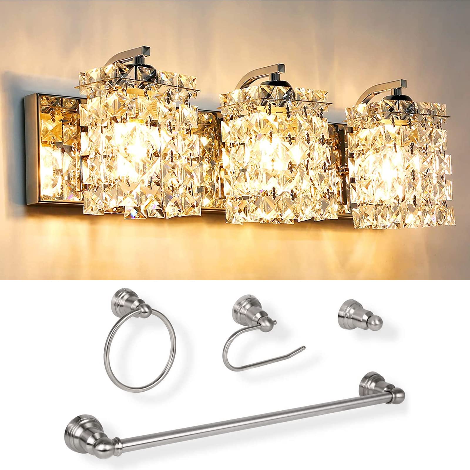 hykolity 3Light Crystal Strand Vanity Light, 5Piece AllinOne