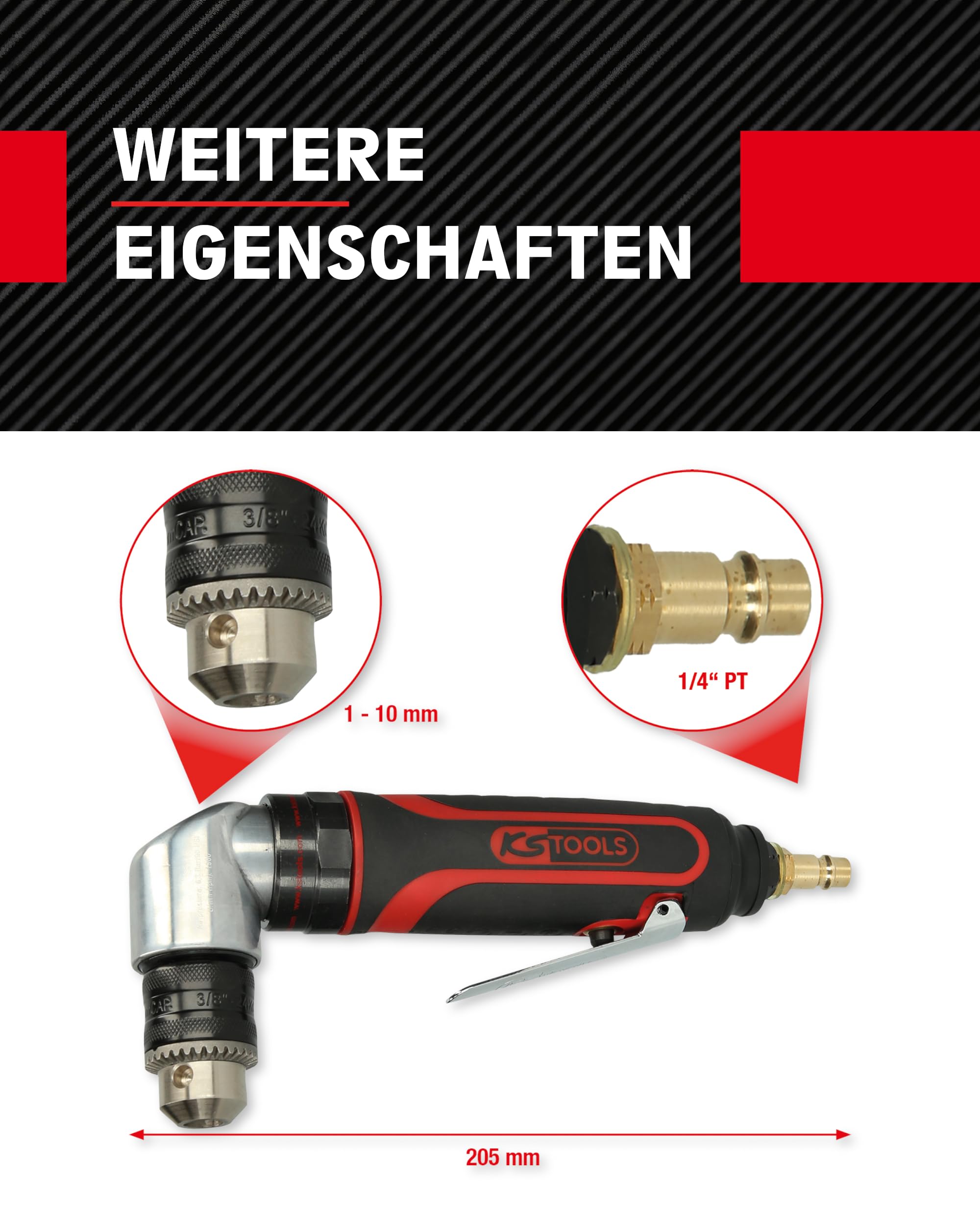 KS Tools Druckluft Winkelbohrmaschine 3/8" SlimPOWER 515.5465 I Winkelbohrmaschine Druckluft mit Zahnkranzbohrfutter-Spannweite bis 10mm I Ideal für Karosserien