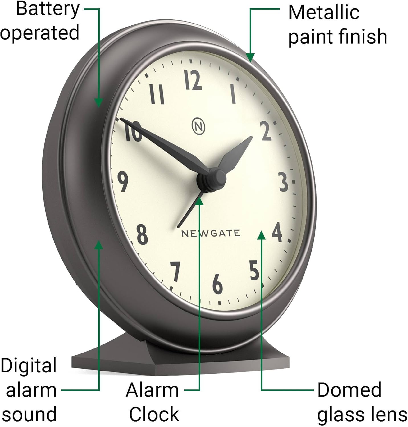 NEWGATE® Pacific Alarm Clock | Small Retro Alarm | Metallic Graphite Gray | Mid-Century Modern Design | Ideal for Bedside, Desk, Shelf & Mantel | Bedroom, Living Room and Office Accessory