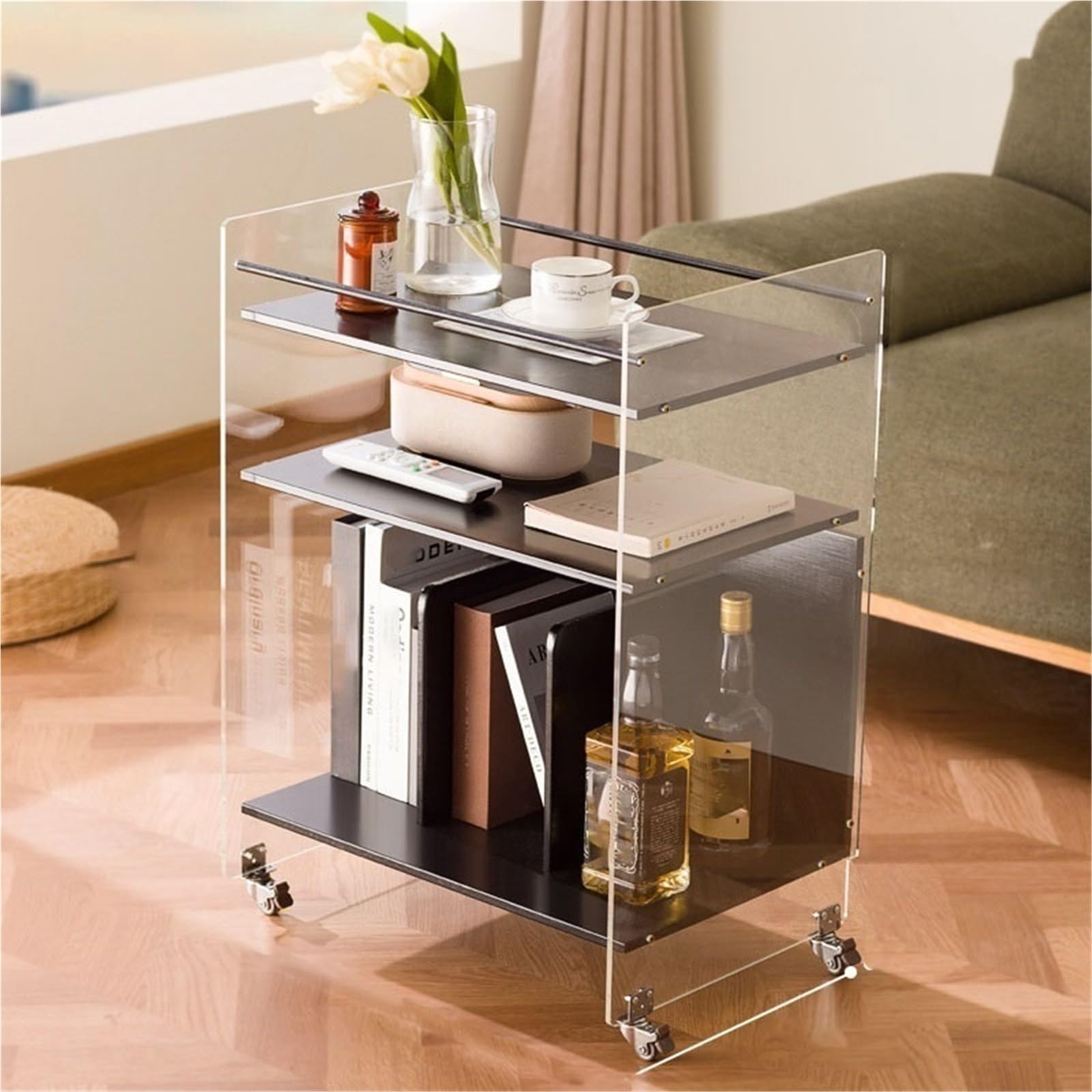 SXZenSpace Acrylic Sofa Side Table with Wheels Modern Coffee Storage Shelf Nightstand Snack Rack for Living Room ﻿ Solid Construction(Black,50 cm