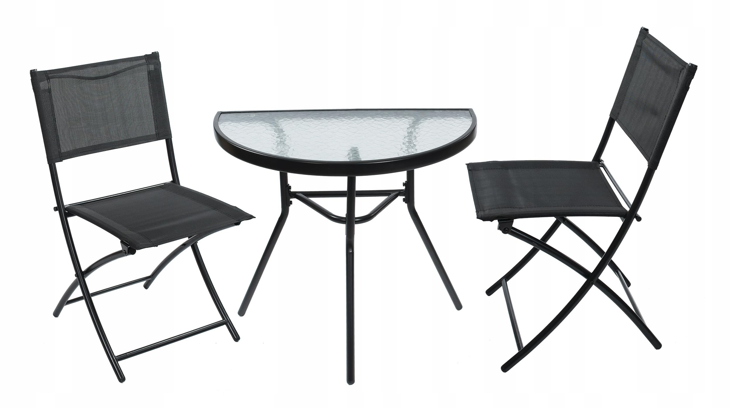 JUMI Praktischer Gartentisch 70 x 64 x 40 cm – Halbrunder Balkontisch für Balkon, Terrasse, Garten, Camping – Kompakter Tisch mit Glasplatte - Metallrahmen, Schwarz