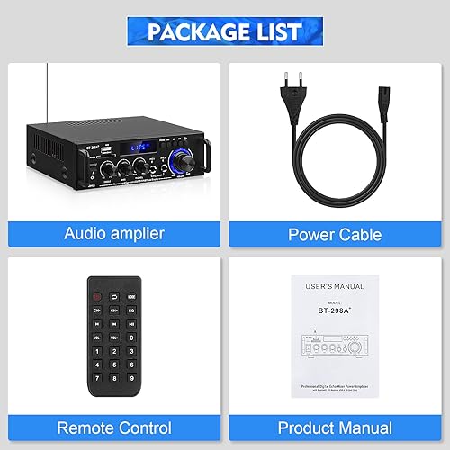Miniatura 8 de AEXCVG Amplificador de audio estéreo para el hogar BT-298A+ HiFi Bluetooth receptor estéreo 40Wx2 Mini amplificador de cine en casa con entrada MIC,