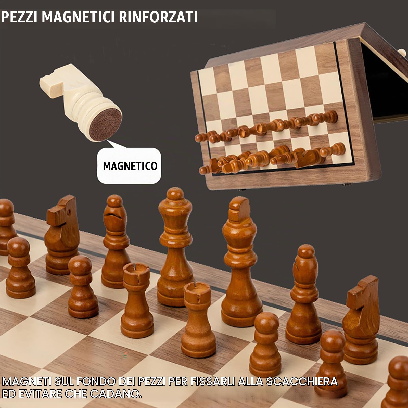 NEWFUN Scacchiera Magnetica in Legno – Gioco Scacchi Dama Pieghevole Viaggio