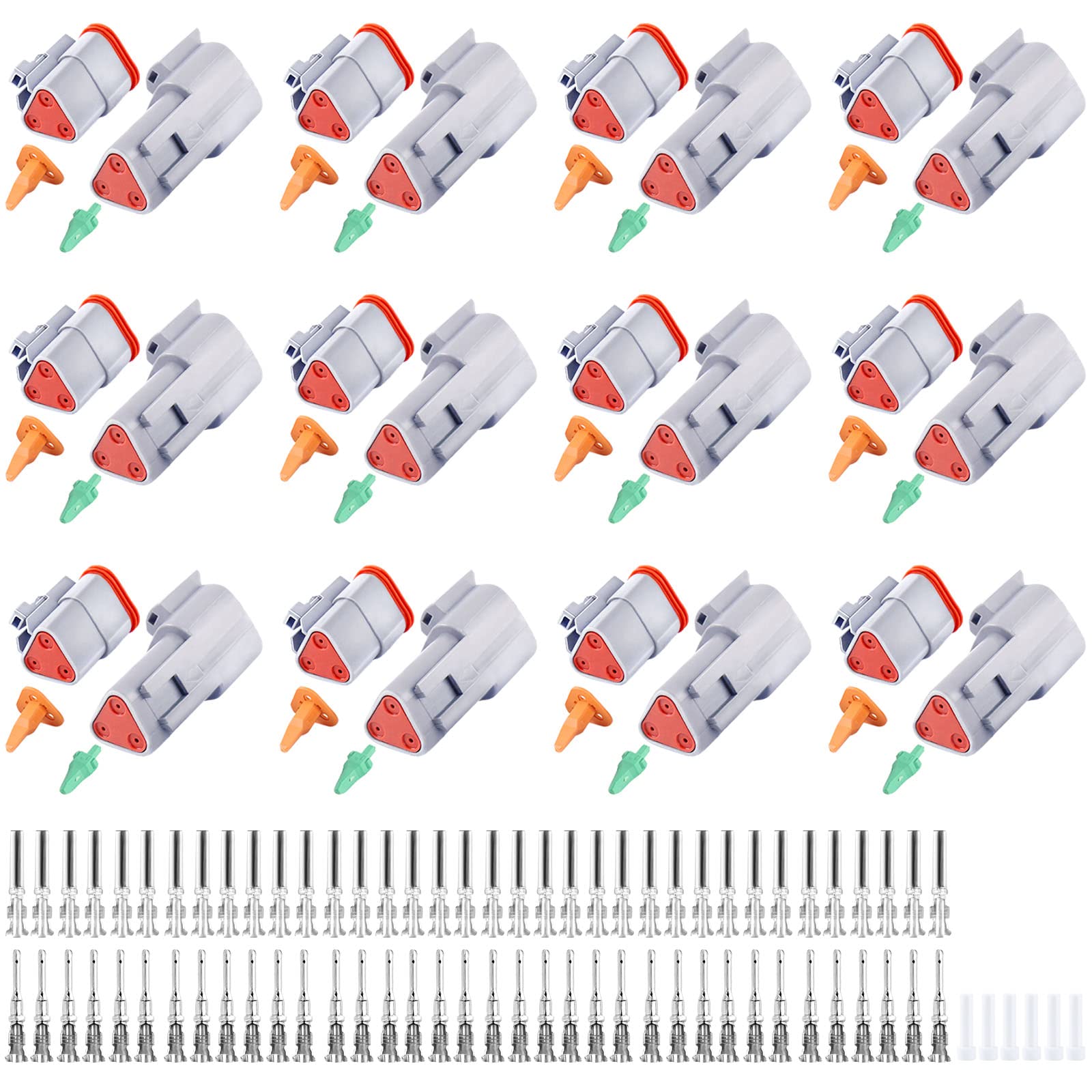 Cedolio126PCS 3 Pin Way Deutsch DT Gray Connector 12 Set，Size 16 Solid Contacts Waterproof Electrical Wire Connector with Seal Plug for Truck, Off-Road Vehicles, Marine, Motorcycle Wiring