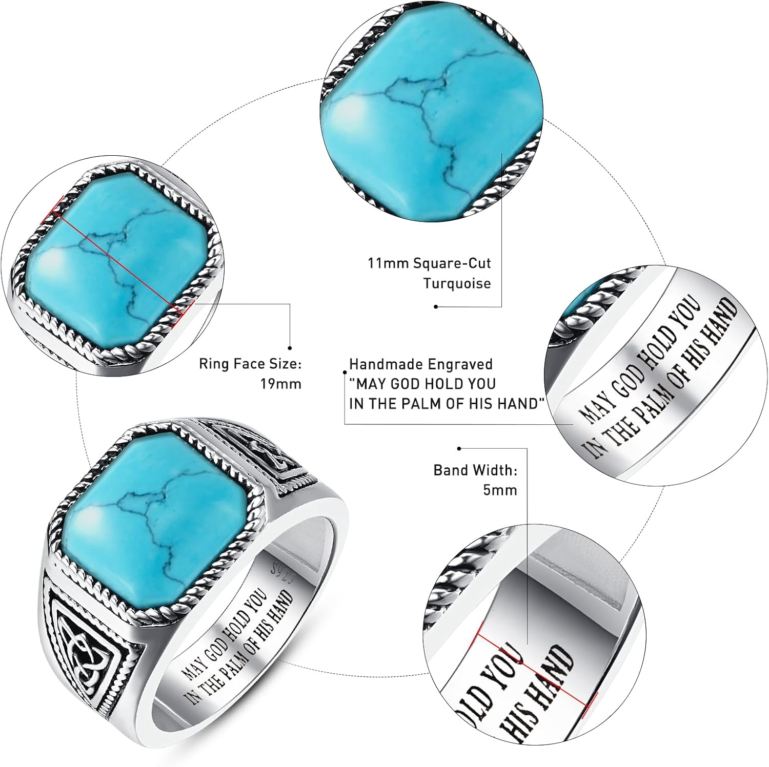 Vintage Turquoise Rings for Men 925 Sterling Silver Mens Ring Mens Turquoise Ring Anillos de Hombre Celtic Mens Cocktail Rings Pinky Thumb Ring Band for Dad Father Jewelry Gift Size 8 - Image 4