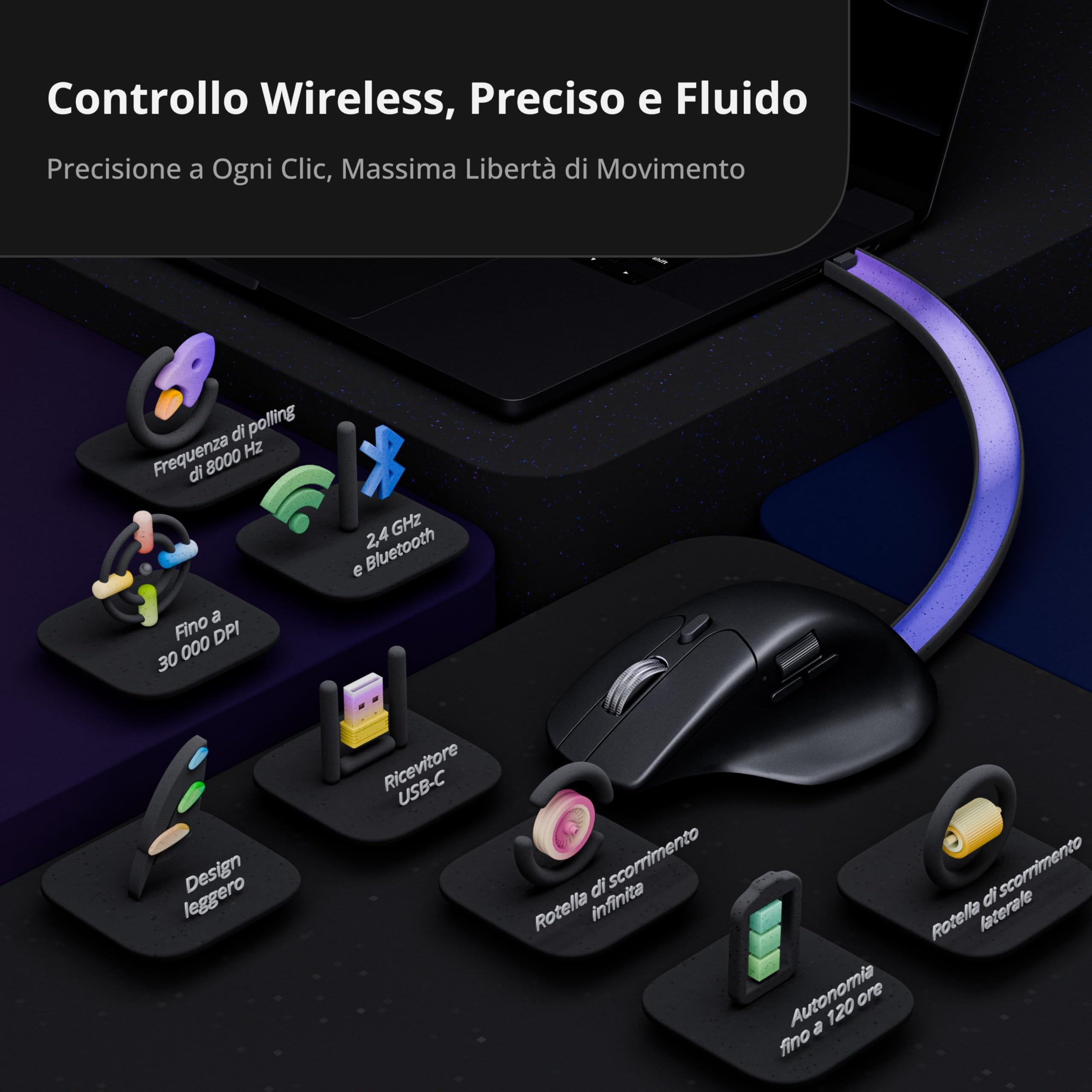 Keychron M6 Ratón Inalámbrico 8000Hz, 2.4 GHz/Bluetooth 5.3 / USB-C, 30 000 dpi, Sensor PixArt 3950, hasta 120 Horas de Batería, Ratón Gaming Programable para Windows, macOS y Linux – Negro