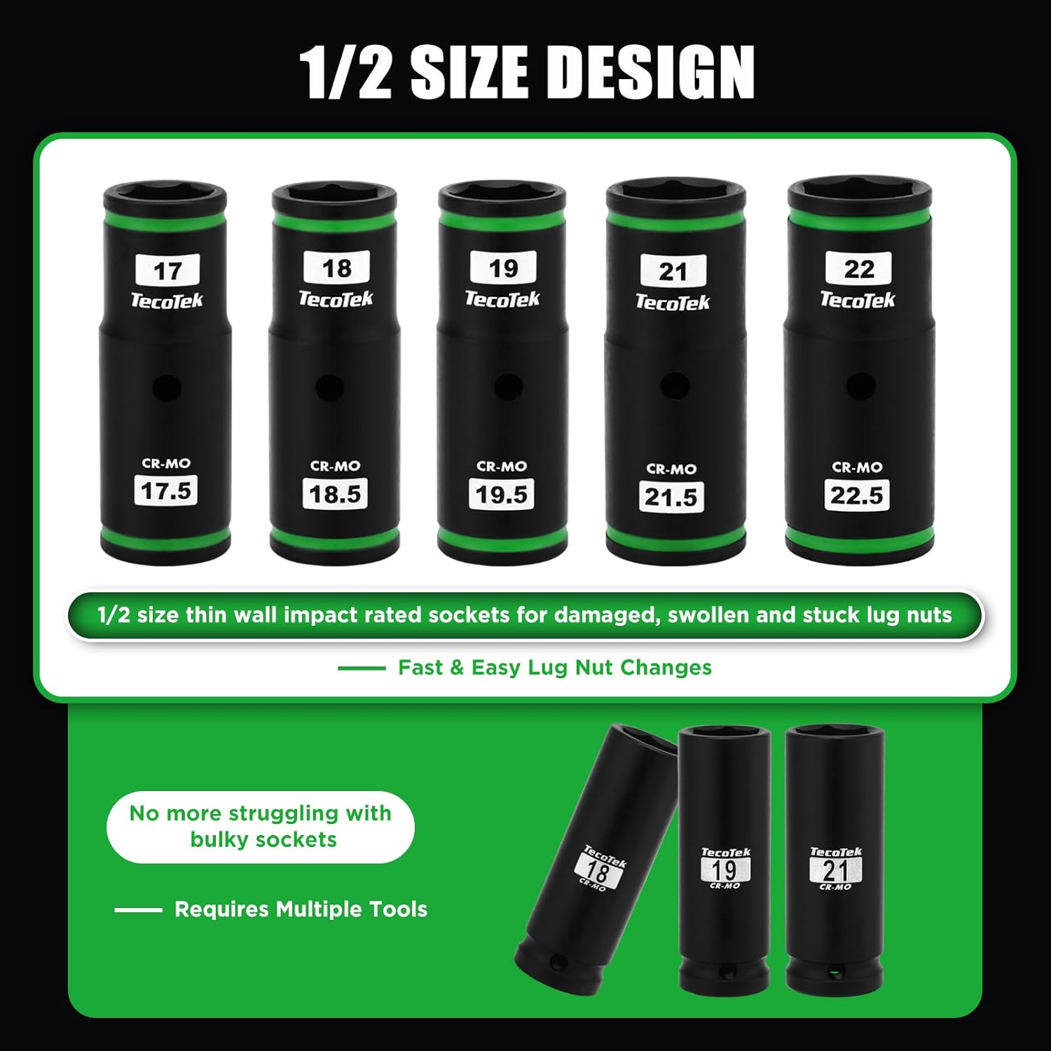 TecoTek 7PCS Lug Nut Socket Set, 1/2” Impact Thin Wall Flip Socket, Half Size Wheel Socket Set, Metric, 6 Point, 3" Extension Bar & Knockout Bar, 17.5mm, 18.5mm, 19.5mm, 21.5mm, and 22.5mm