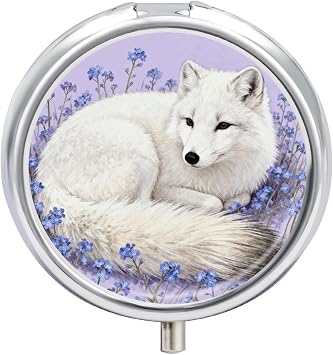 Arctic Fox in Violetsピルボックス 3コンパートメント トラベルピルオーガナイザー ポータブルラウンドメディシンケース ミラーデザイン ビタミン、ジュエリー、必需品用 丈夫なポケットピルボックス 財布、キャンプ用