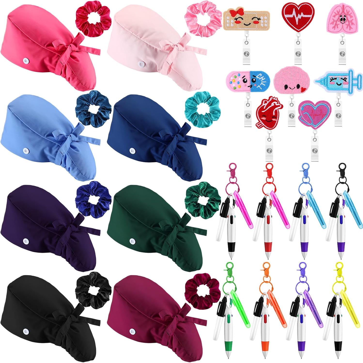 56 Pcs Nurse Scrub Caps Set, Surgical Caps with Buttons, Badge Reels, Highlighters, Pens, Keychains, Scrunchies, Nurse Appreciation Gifts Set for Women Cna Week Graduation Party