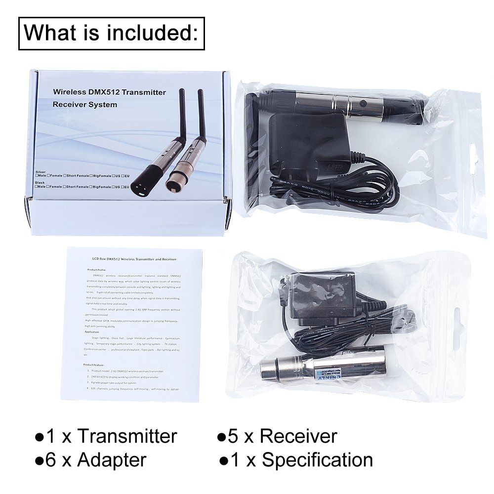 CHINLY DMX512 2,4G ISM 1 Sender und 5 Kabellose Empfänger Eingebauter Akku Wiederaufladbar für LED DJ Bühnen Bar Partylichter