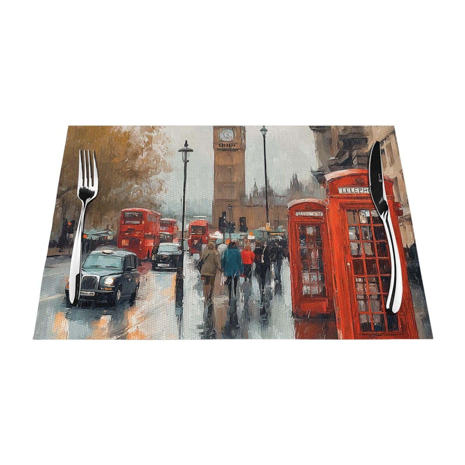 Placemats Set of 1 PC Washable PVC Table Mats Heat Resistant Vinyl Woven Place Mats London Impression Placemats Non-Slip Wipeable Placemats for Kitchen Dining Table Decoration 45 x 30 cm