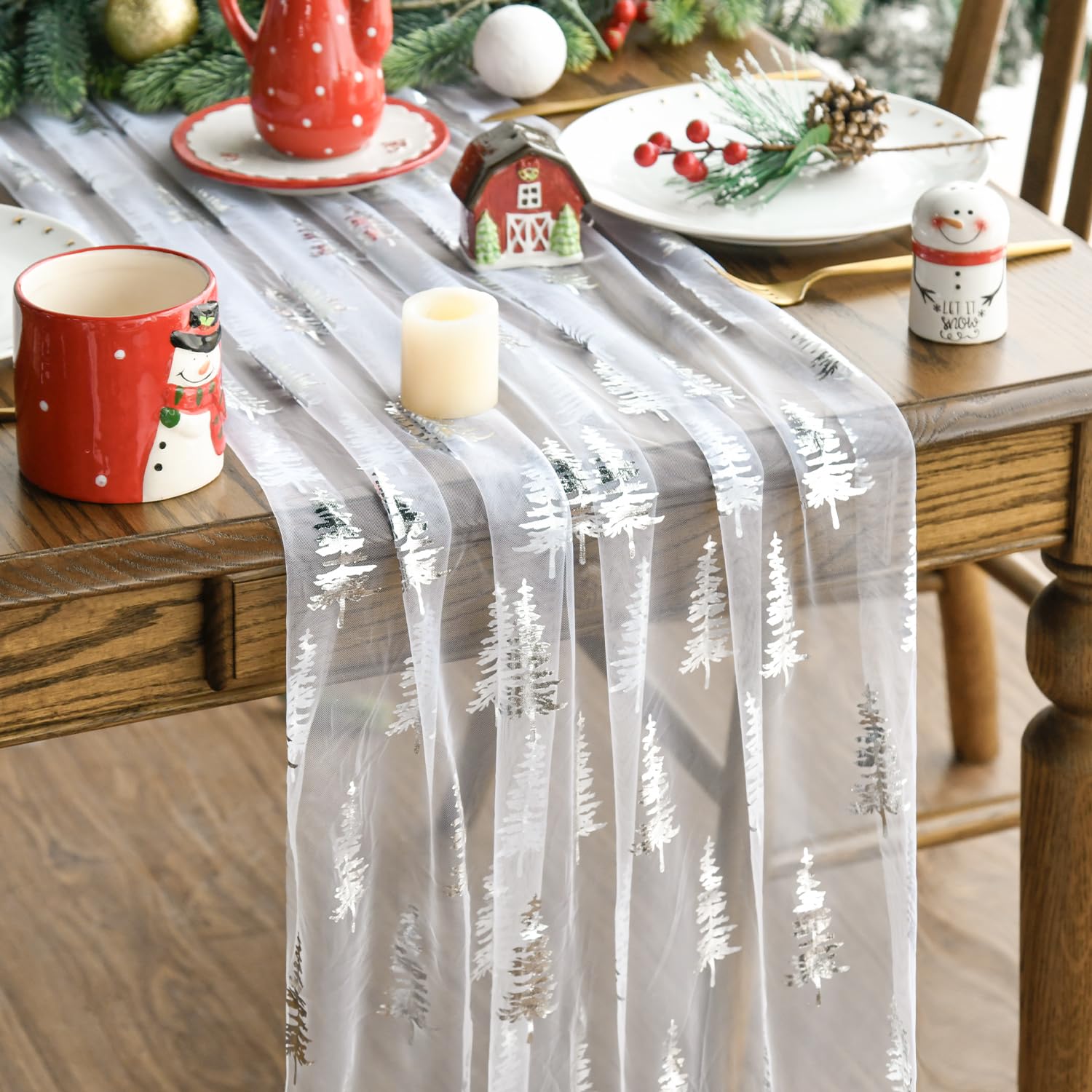 Artoid Mode White Silver Trees Christmas Gauze 3 Pcs Table Runner 70x300 cm, Glitter Chiffon Cheesecloth Kitchen Dining Table Decor for Home Party