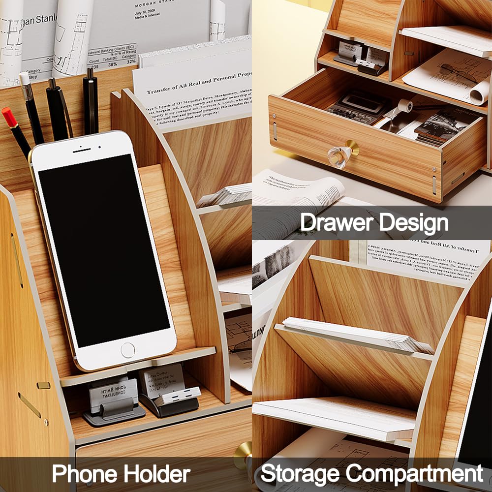 NUODWELL Upgrade Wooden Desk Stationary Organiser with Phone Docking Station - Image 4