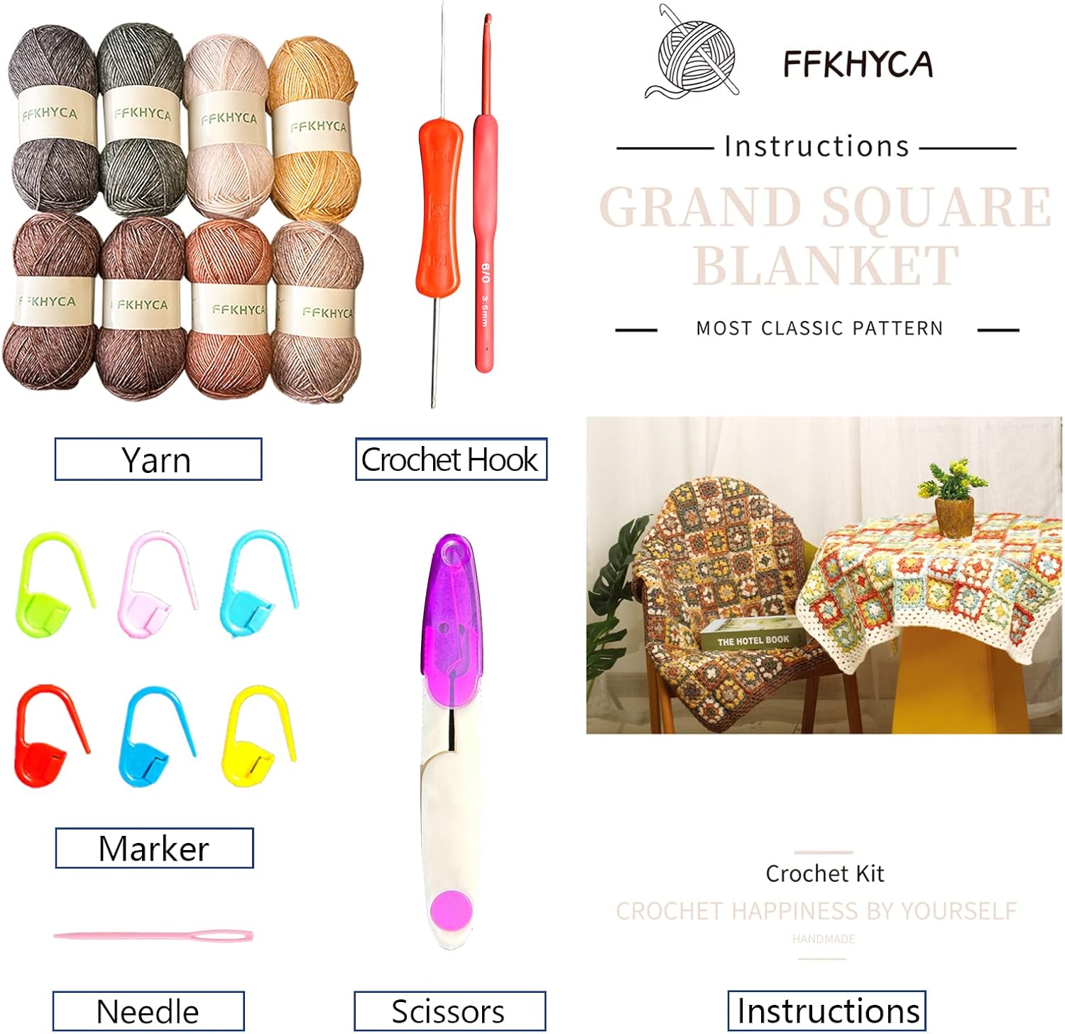 Crochet Blanket Kit for Beginners Granny Square Pattern with Step-by-Step Video Tutorial, Learn How to Crochet for Adults Kids, Garden Tablecloth, Great Gift for Crochet Lovers, 105 * 80cm