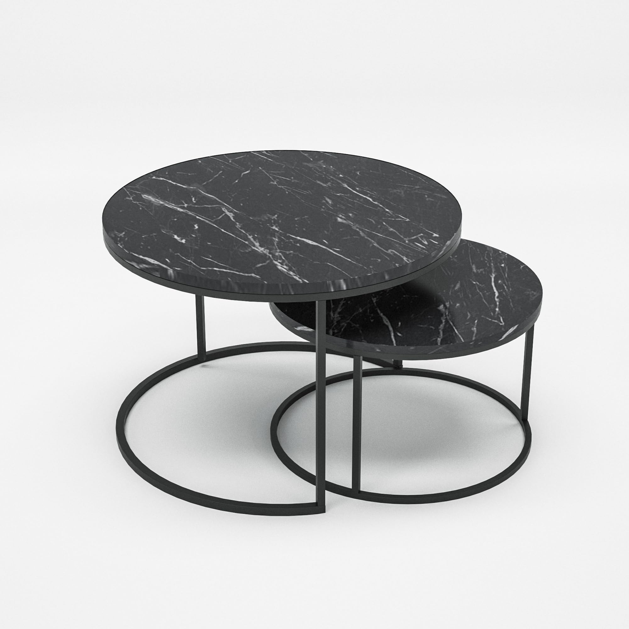 Couchtischset Skagen Kaffeetisch im 2er Set Satztisch 2-TLG für Wohnzimmer Flur aus Metall und Spanplatte Wohnzimmertisch Beistelltisch Set Moderne Couchtische für Wohnzimmer (Black-Marble)
