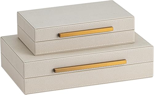 Miniatura 7 de Juego de 2 cajas de almacenamiento decorativas Shagreen beige con asas de metal doradas, joyas de piel sintética y cajas de memoria, organizadores