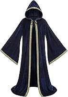 Vista 10 de GRAJTCIN Bata de mago unisex de terciopelo, capa de mago, disfraz renacentista para cosplay y Halloween Negro