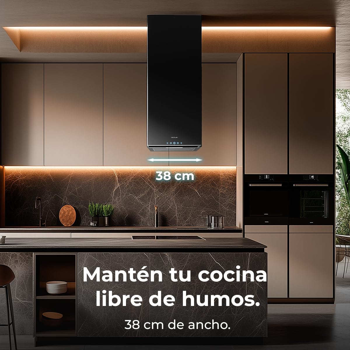 Cecotec Cappa Aspirante a Isola 38 cm - Cappa Cucina. Bolero Flux ICT 388000 Black A++ 210W, Cappa 38cm Acciaio inox nero, Flusso d'Aria 800m3/h, A++, Touch, LED, Carbonio Ø176, alluminio 5 strati