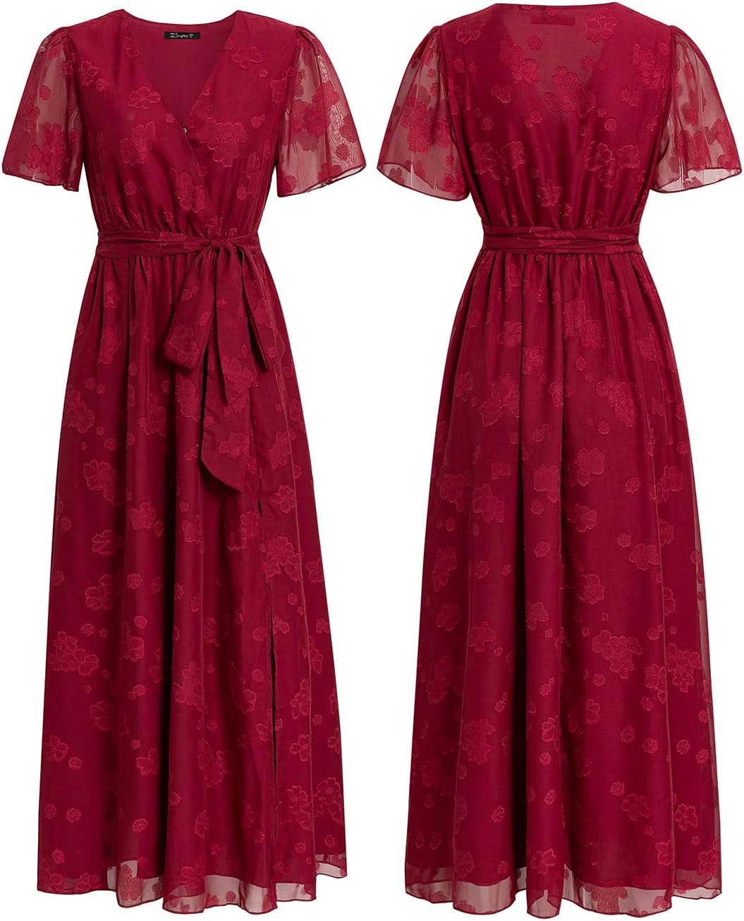 Simplee Women's Short Sleeve Wrap Maxi Dress V Neck Burnout Floral Formal Dress with Belt(L Wine Red) - Image 5