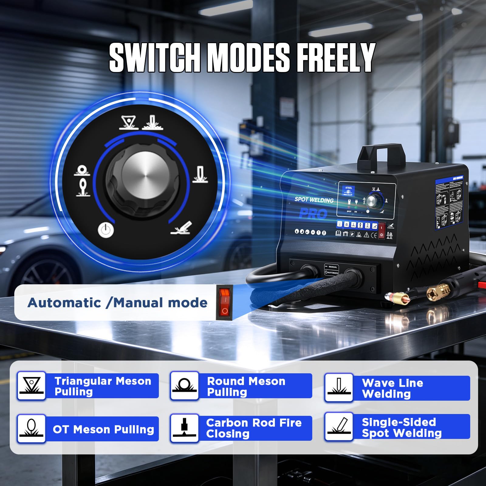 Soldador de espigas 3500W, reparación abolladuras auto, doble modo auto/manual, calentamiento por pulso y protección térmica. Pistola chapa 6 modos para sedán, SUV, camioneta