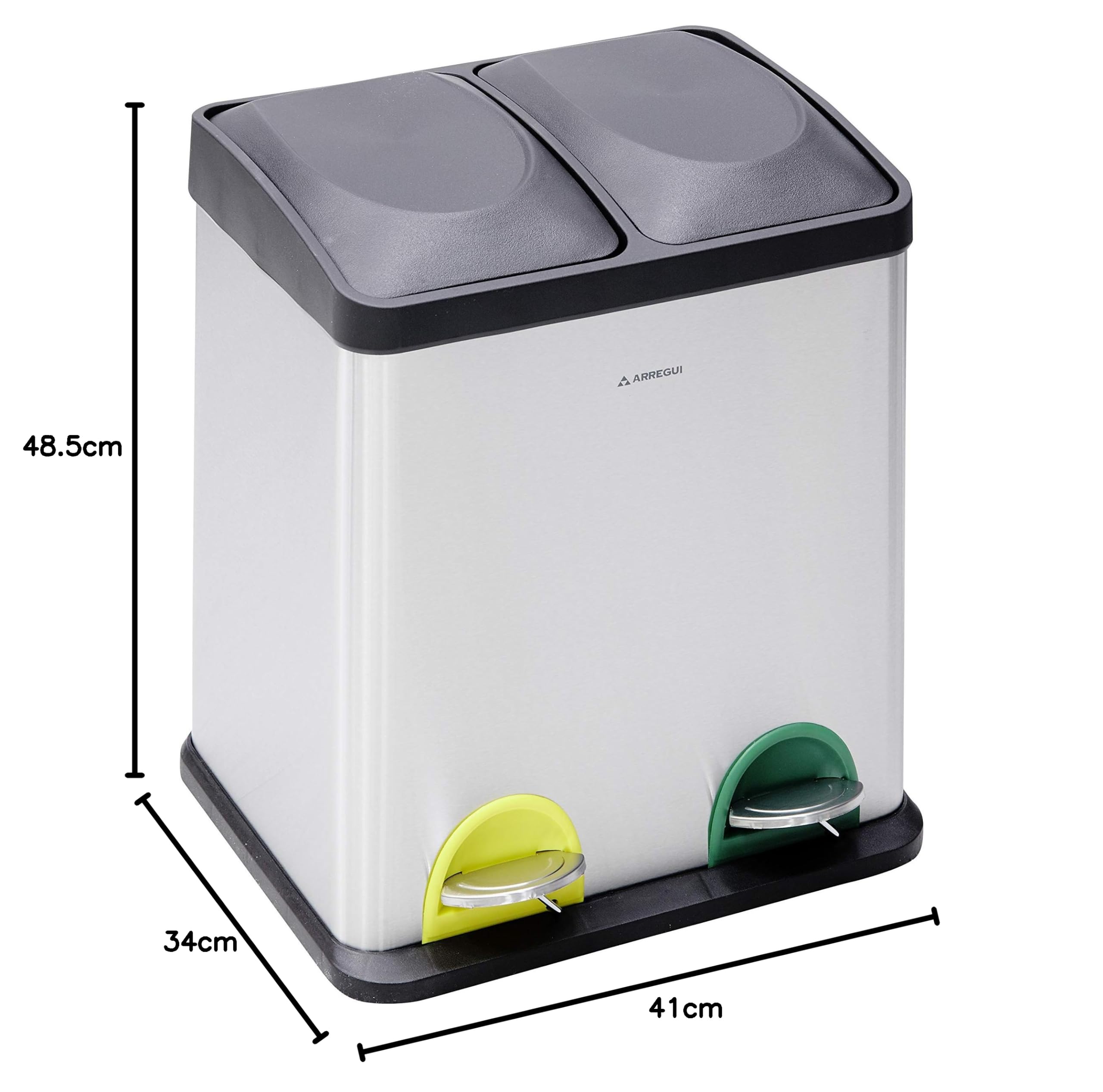 Arregui Step Bin CR705-30L Cubo de Basura y Reciclaje de Acero Inoxidable con Pedal | 2x15L (30L) | Cubos de Basura de Cocina | Papelera de Reciclaje para Casa y Oficina