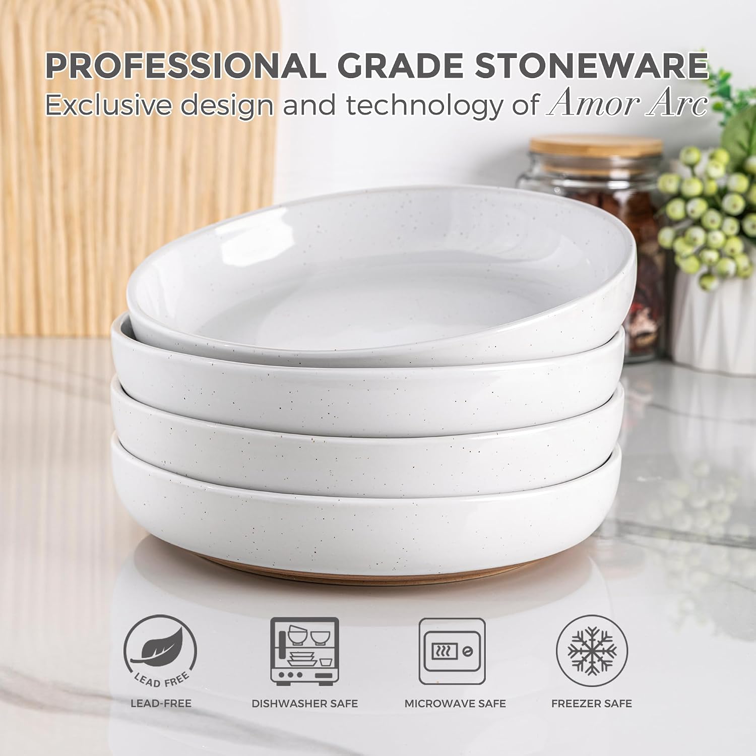 AmorArc 8.75'' Large Ceramic Pasta Bowls, 38oz Handpainted Stoneware Bowls Set of 4, Microwave&Dishwasher Safe Bowls with Rustic Terracotta Underside for Pasta Salad, White image 3